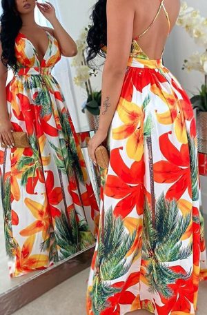 Women’s Deep V Neck Floral Print Backless Maxi Dress
