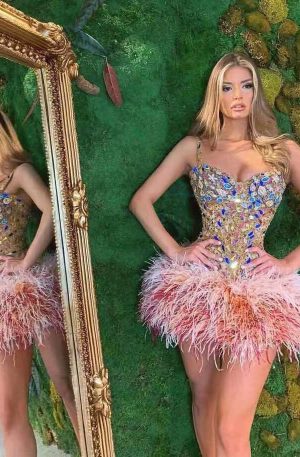 Women’s Sexy Spagetti Straps Luxury Feathers Short Prom Mini Dresses