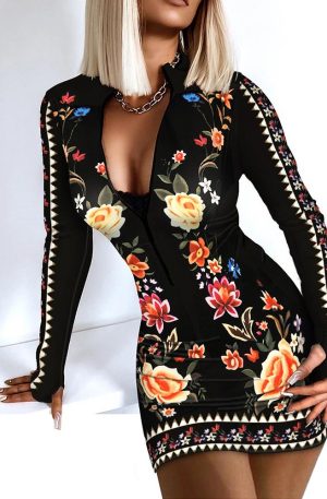 Women's Floral Print Zip Front Long Sleeve Bodycon Mini Dress
