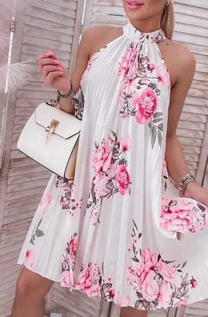 Women's Floral Print Halter Pleated Dress