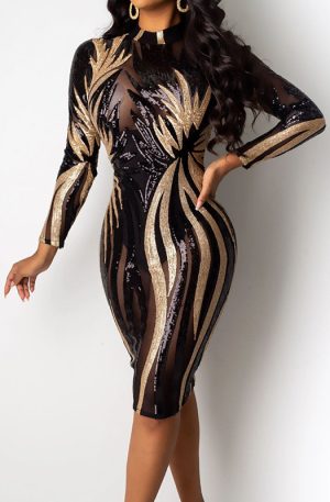 Women's Glitter Mock Neck Long Sleeve Sequins Bodycon Dress