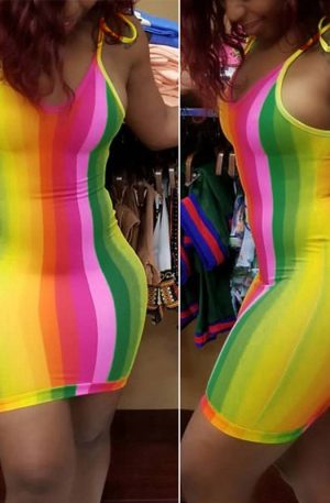 Women’s Sexy Spaghetti Strap Rainbow Vertical Sling Bodycon Mini Dresses