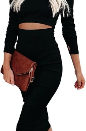 Pink Queen Womens Knit Dress Crew Neck Long Sleeve Sexy Bodycon Cutout Midi Dresses