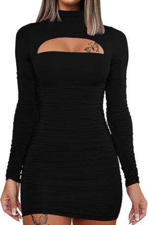 DAAWENXI Women's Sexy Long Sleeve Cut Out Bodycon Ruched Party Club Mini Dress