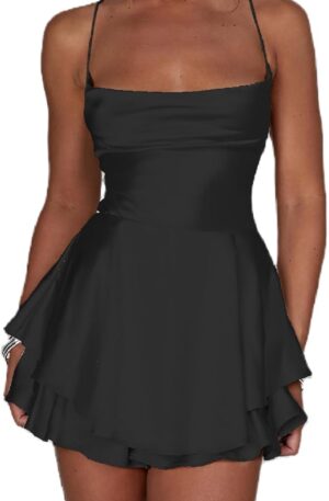 Women's Sexy Satin Mini Dress Sleeveless Tie Backless Cowl Neck Cocktail Party Silk Mini Cami Dress