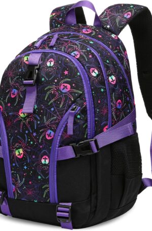 BLUEFAIRY High School Backpack for Girls Boys Middle School Bookbag for Kids Back to School Bag for College with Large Compartment Casual Daypack Mochilas para Niñas Adolescentes 18" Black Purple