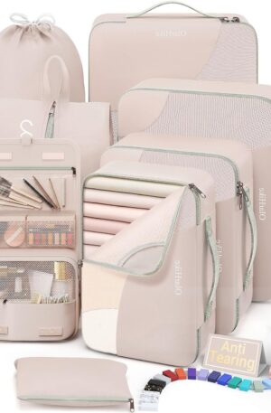 10 Set/8 Set Packing Cubes for Travel, Gifts for Women Mom,Anti-Tearing Suitcase Organizer for Luggage with Shoe & Hanging Toiletry Bag,OlarHike Vacation Essentials & Accessories for Cruise Ship,Cream