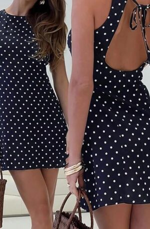 Women Backless Tie Up Polka Dot Print Mini Dress Girls Cute Sleeveless Round Neck Open Back A-Line Short Dress
