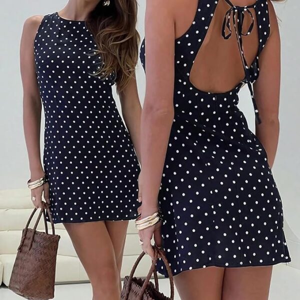 Women Backless Tie Up Polka Dot Print Mini Dress Girls Cute Sleeveless Round Neck Open Back A-Line Short Dress