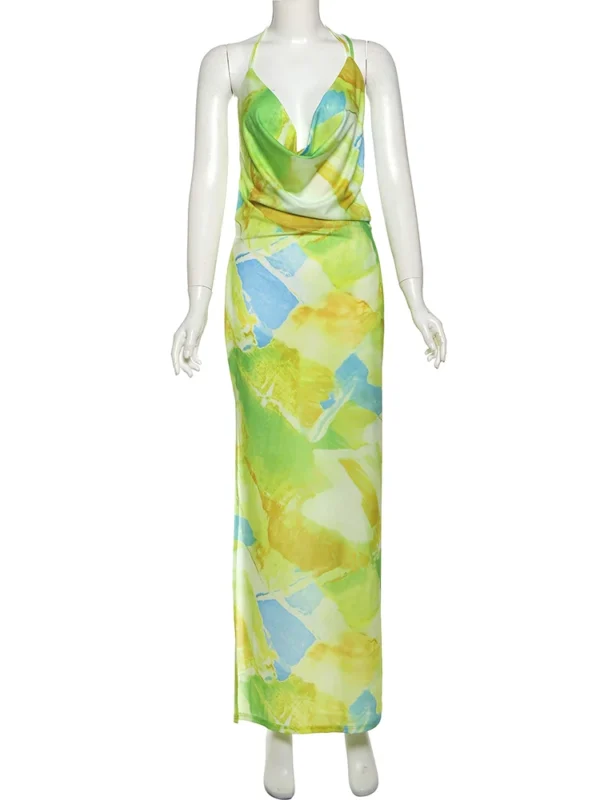 Sexy Swing Collar Women Dress Thin Coquette Colorful Print Side Split Backless Midnight Clubwear Skinny Bodycon - Image 6