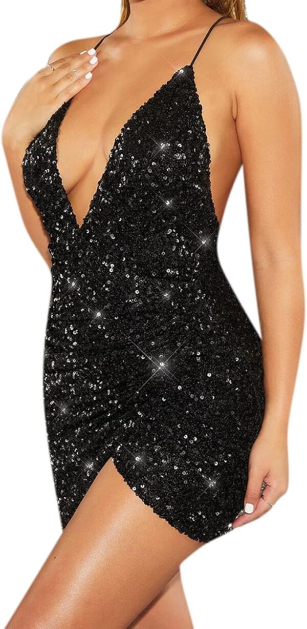Women's Sexy Sequin Glitter Sparkle Deep V Neck Halter Backless Bodycon Mini Dress Evening Party Cocktail Ruched Wrap Dresses