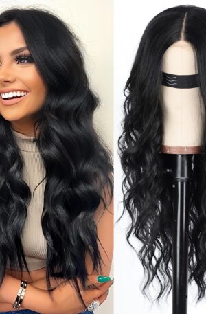 AISI HAIR Black Wig for Women, Long Wavy Lace Hairline Middle Part Synthetic Heat Resistant Wig for Daily Party-26 Inch
