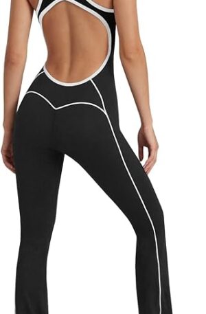 Fisoew Womens One Piece Workout Jumpsuits Backless Scoop Neck Bodysuit Sleeveless Gym Yoga Leggings Romper