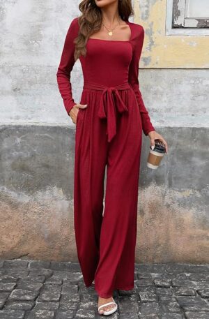 Jumpsuits For Women Dressy Long Sleeve Square Neck Casual Belted Wide Leg Long Pants Romper One Piece Outfits