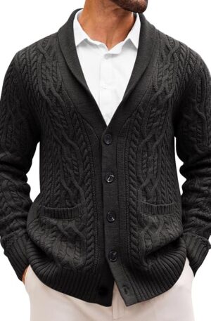 Runcati Mens Shawl Collar Cardigan Sweaters Cable Knit Button Down Sweater