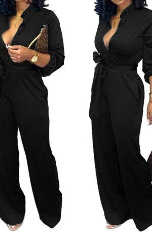 SeNight Women's V Neck Jumpsuit Long Sleeve Wide Leg Pants with Belt