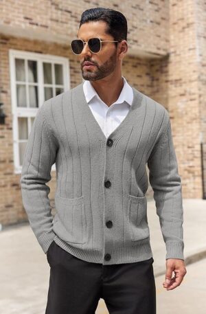 COOFANDY Men's Cardigan Sweater Cable Knit V Neck Button up Sweaters Ribbed Cardigan Sweater with Pockets