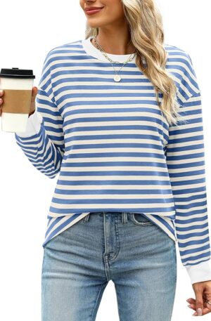 WIHOLL Womens Tunic Tops Long Sleeve Striped Shirts Crewneck Tops