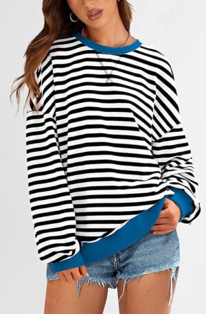 PRETTYGARDEN Womens Striped Oversized Sweatshirt Color Block Crew Neck Long Sleeve Casual Loose Pullover Top Y2K Clothes