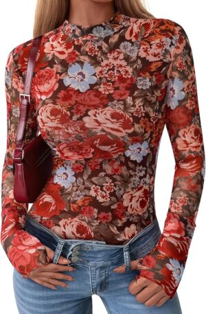 PRETTYGARDEN Womens 2025 Fall Mesh Floral Blouses Long Sleeve Going Out Tops Slim Fitted Shirts Date Night Outfits