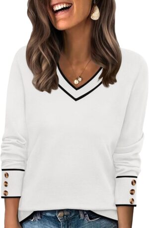 WIHOLL Lightweight Sweaters for Women Long Sleeve V Neck Knit Outfits with Decorative Buttons
