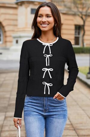 Arach&Cloz Women’s Bow Sweaters Fall Color Block Casual Cardigan Sweaters 2025