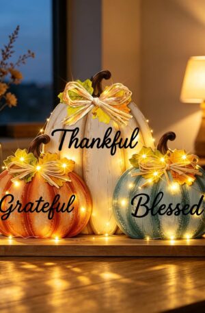 Fall Pumpkin Decor with LED Lights, Wooden Thanksgiving Table Sign "Blessed Grateful Thankful", Rustic Harvest Home Decoration for Living Room Mantle Office Desk Bedroom (Pumpkin)