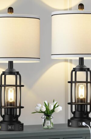 (no title)25.5'' Touch Control Bedside Table Lamps Set of 2 for Bedroom Living Room USB Ports, 3-Way Dimmable Night Light, Black Modern Nightstand Lamps for Office, Fabric Shade, AC Outlet, 4 Bulbs Included