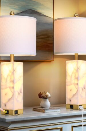 25.6'' Bedside Table Lamps Set of 2 for Bedroom Living Room Marble Alabaster Lamps with USB A+C Ports, White Nightstand Lamp with Night Light, Fabric Shade, 2 LED Bulbs Included