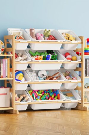 SpaceAid Toy Storage Organizer with 6 Shelves and 12 Bins, Bookshelf/Bookcase, Kids Bin Shelf, Toys Box for Playroom Organization for Bedroom & Room Decor, White, 52.3" W