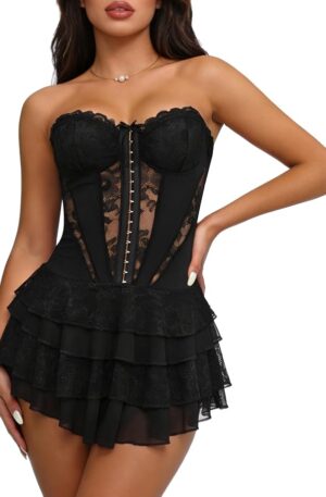 Lace Corset Dress for Women Strapless Tube Top Going Out Mini Dress