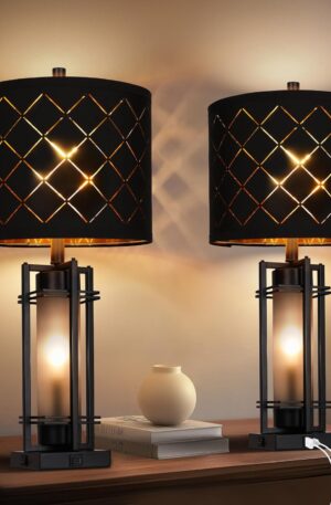 27'' Modern Table Lamp Set of 2 with Nightlight, Metal Bedside Lamps Black Grid Shade, Square Base, 2 LED Bulbs Included, E26 Base, with USB Port, Rocker Switch, Nightstand Lamps for Bedroom
